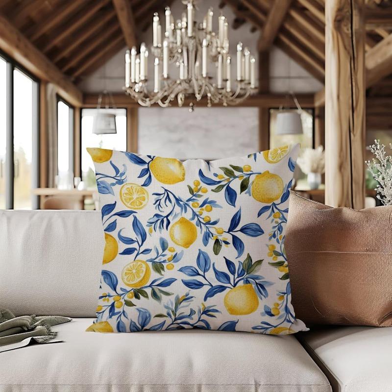 1Pc Watercolor Lemon Blue Leaf Print Throw Pillow Cover,Suitable For Sofa,Bedroom,Living Room,A Fresh Gift For Home Decor Lovers