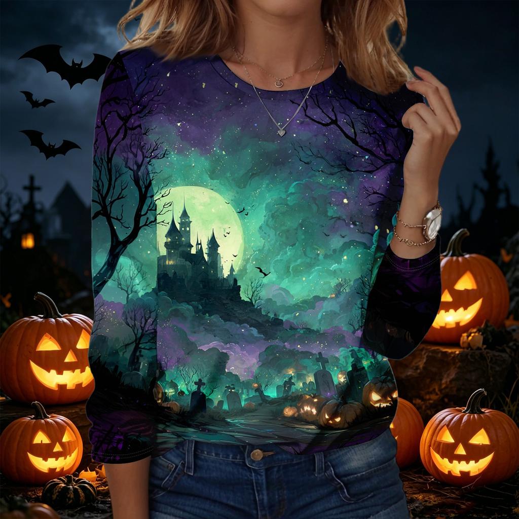 Women's Halloween Print Pullover Sweatshirt Crew Neck Long Sleeve Casual Loose Fit Top for Fall and Winter