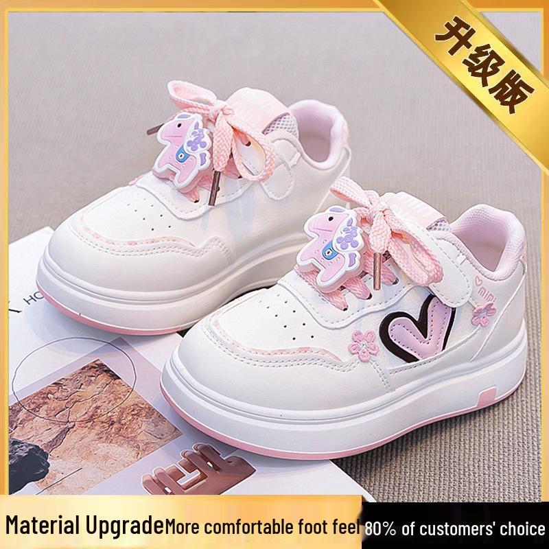 Girls' 2026 Spring Leather Casual White Cartoon Sneakers with Soft Soles