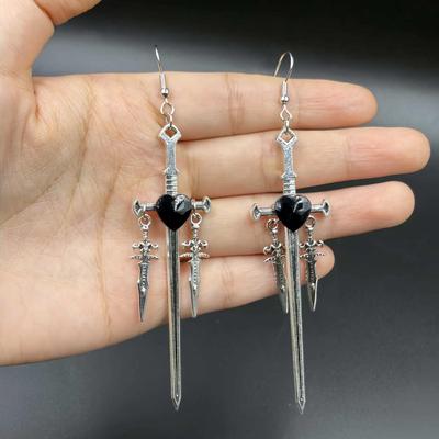 Cross-border Gothic Retro Heart Gem Greatsword Earrings - European & American Style