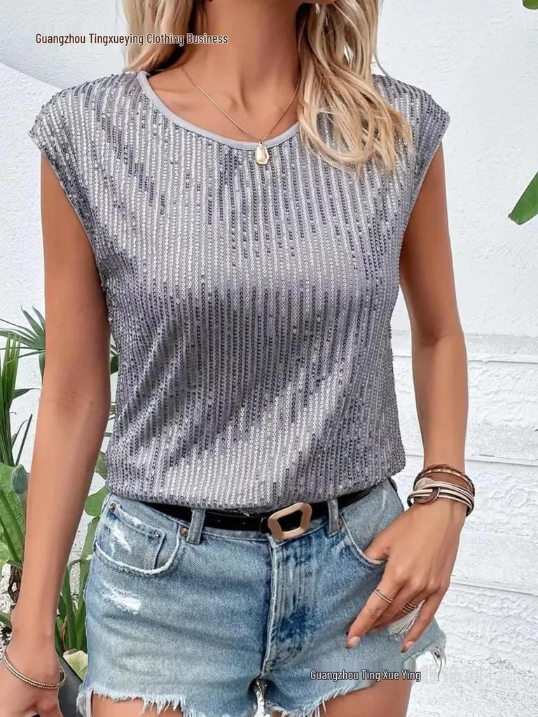 European & American Style Sleeveless Sequin Party Top