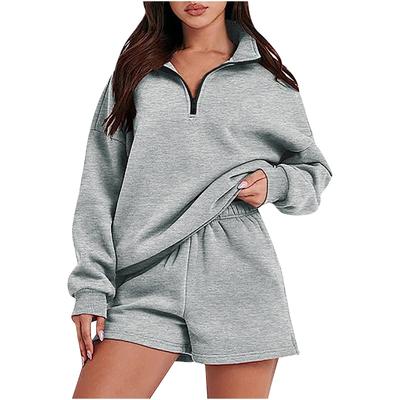 Women's Two-piece Solid Color Zipper Pocket Sweatshirt Shorts Set