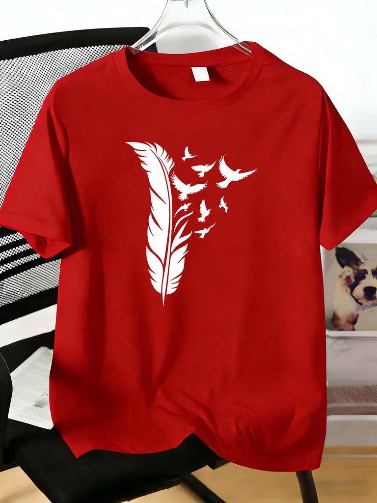 Unisexs Tee Feather And Flying Birds Silhouette Print Cotton Short Sleeve Male Casual Streetwear Outdoor Daily Basic Fashion Top