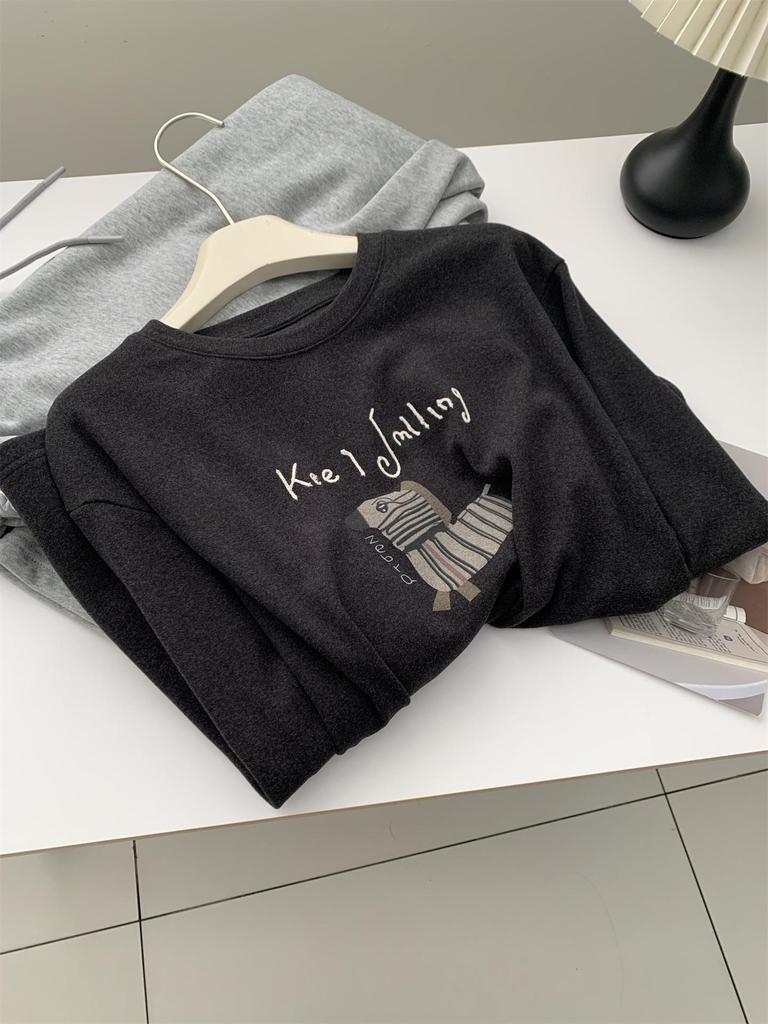 Women's Plus Size Dark Grey Little Horse Print Velvet T-Shirt - Warm Brushed Base Layer for Autumn/Winter
