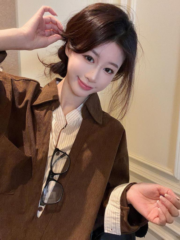 Korean Retro Coffee-Toned Two-Piece Effect Patchwork Shirt - Women's Spring 2026 Long Sleeve Top