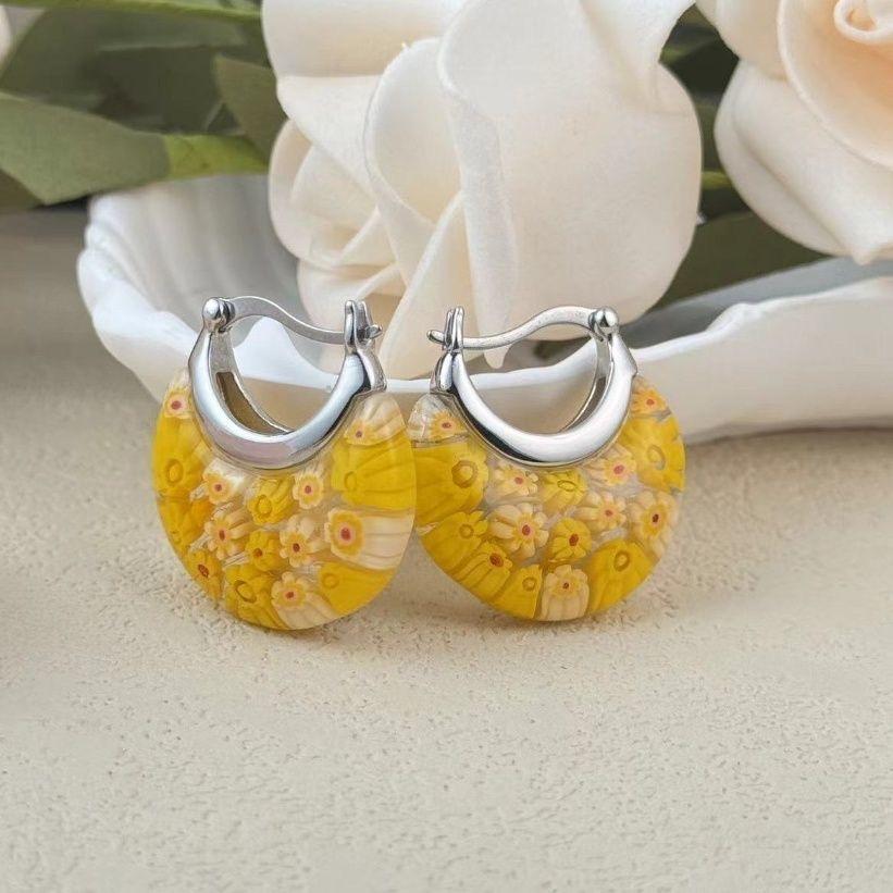 New Murano Basket Glass Hoop Earrings Daisy Stainless Steel Women Birthday Personalized Gift Fashion Jewelry Vibrant Colors