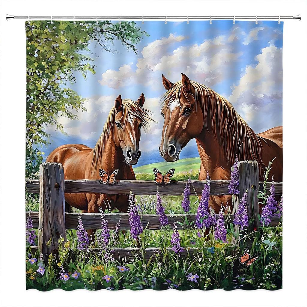 Horse Shower Curtain Western Farm Animal Horse Family Rustic Lavender Flower Tree Nature Farmhouse Country Scenery Polyester Curtains Bathroom Decor