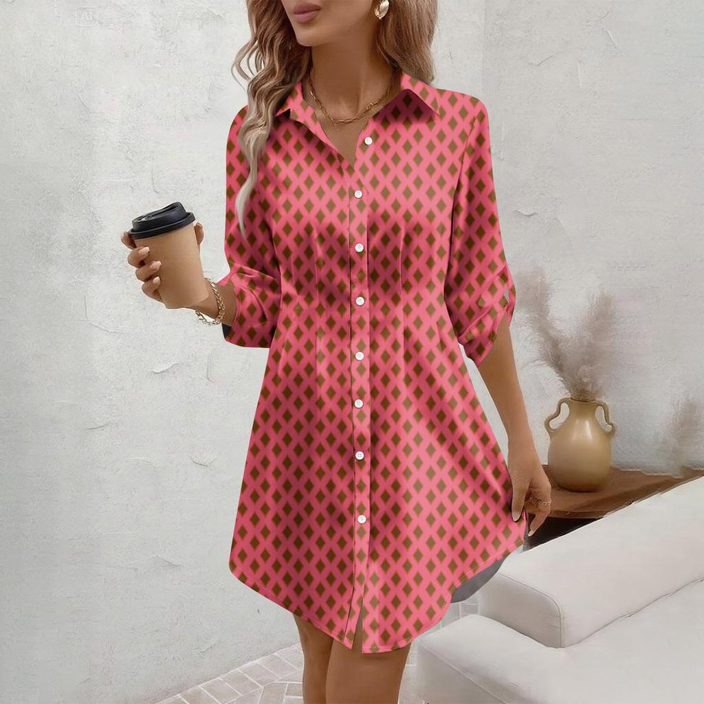 Women's Loose-fitting V-neck Long-sleeved Dress Print Work Shirt Dress