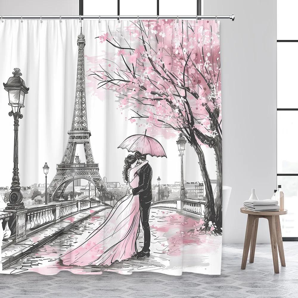 Vintage Paris Tower Shower Curtain Pink Floral Romantic Lovers City Street Scenery Modern Fashion Bathroom Curtains Fabric Decor