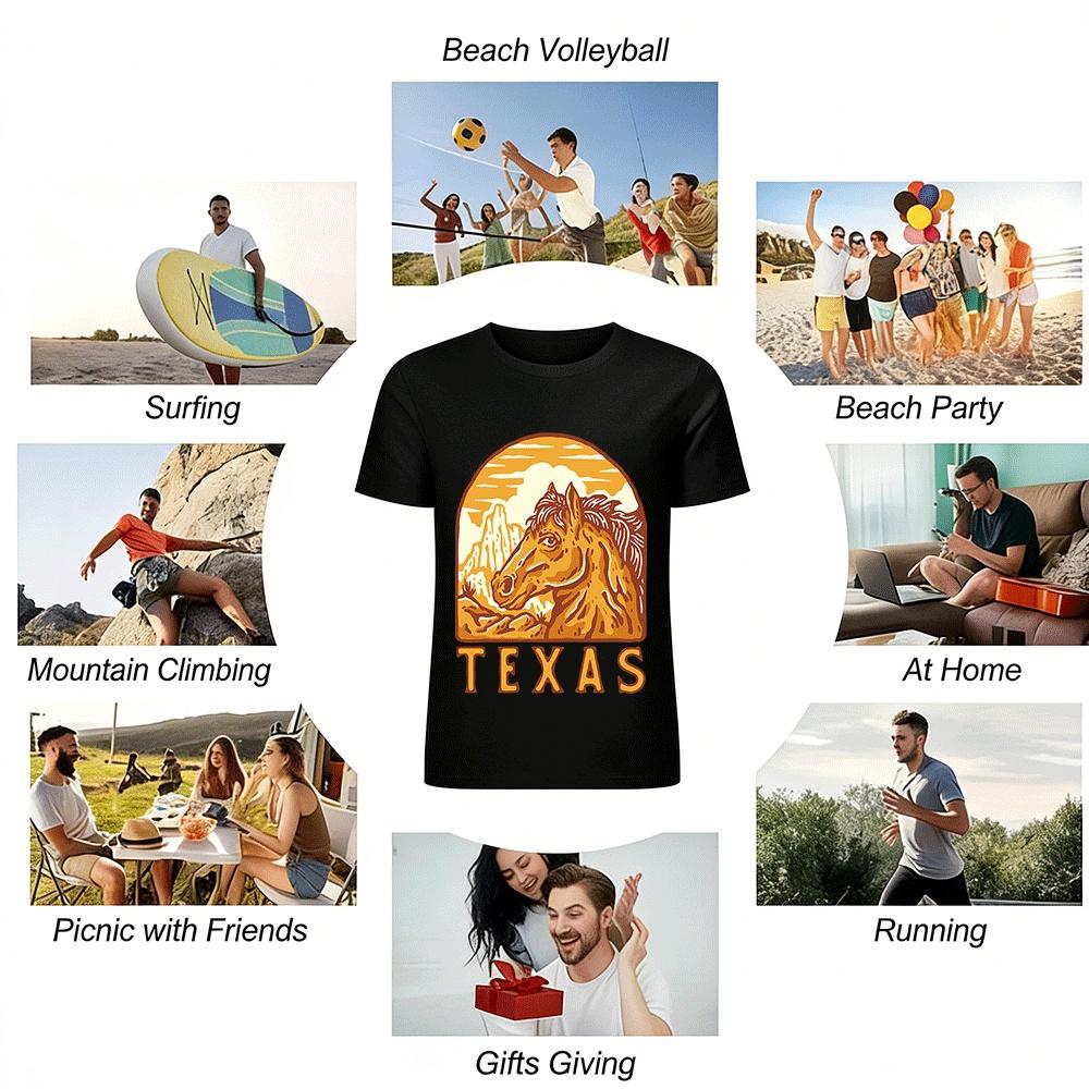 Texas Western Horse Print Vintage Casual Short Sleeve T-Shirt Pure Cotton T-shirt