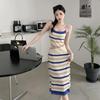 Women's Slim Fit Sleeveless Striped Knit Dress - Color Block Halter Neck for Summer 2024
