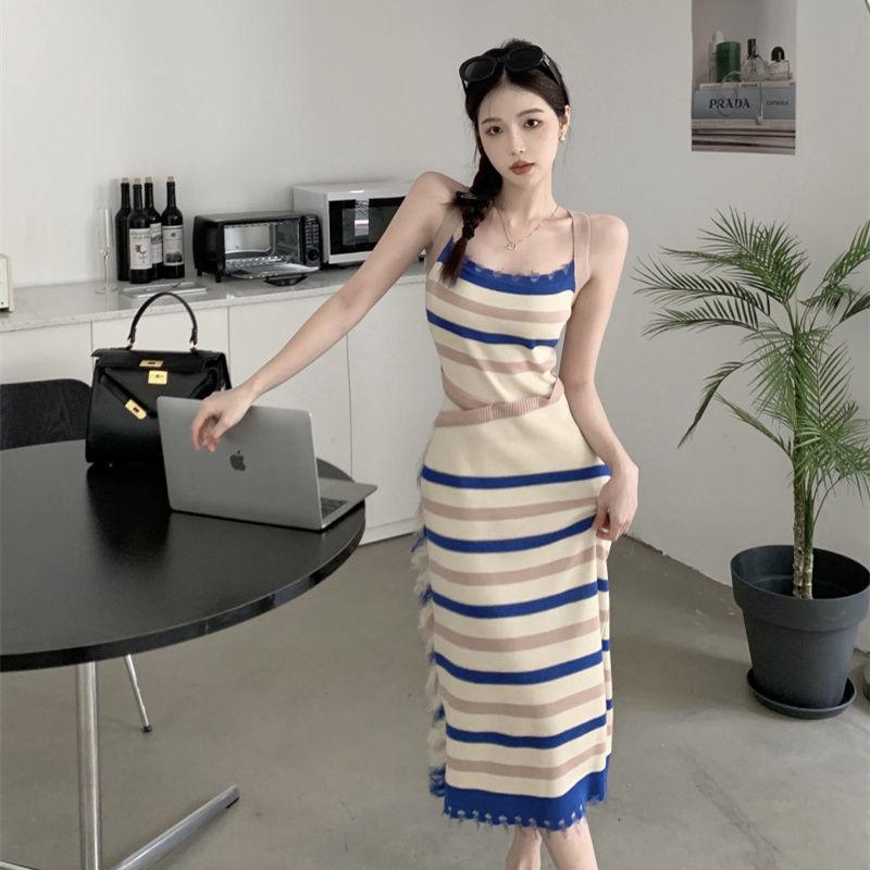 Women's Slim Fit Sleeveless Striped Knit Dress - Color Block Halter Neck for Summer 2024