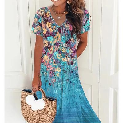 Summer Fashion Women's V Neck Short Sleeve Retro Flower Printed  Dress Sex Short Skirt Dresses