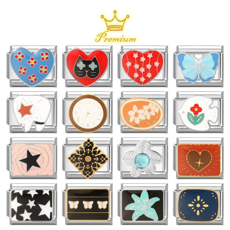 Fashion Clock Fish Flower Butterfly Heart Teeth Star High Quality Charm Links Fit 9MM Stainless Steel Bracelet DIY Making Gifts