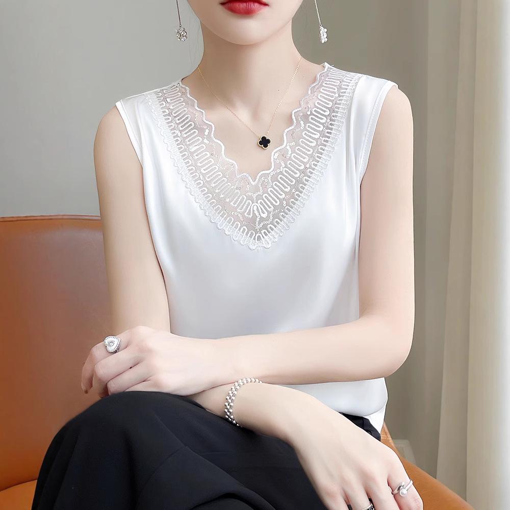 

Lace V-Neck Silk Satin Camisole Tank: Women s Slimming Sleeveless Summer Top M 100-110 jin чистый белый