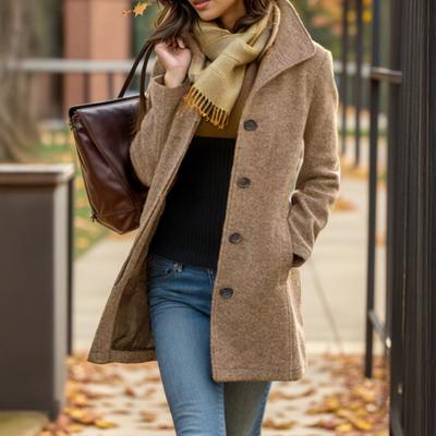 Damen Wollmantel Mittellang Revers Einfach geknöpfter Trenchcoat Winter Verdicken Übermantel Arbeit Büro Pea Coat