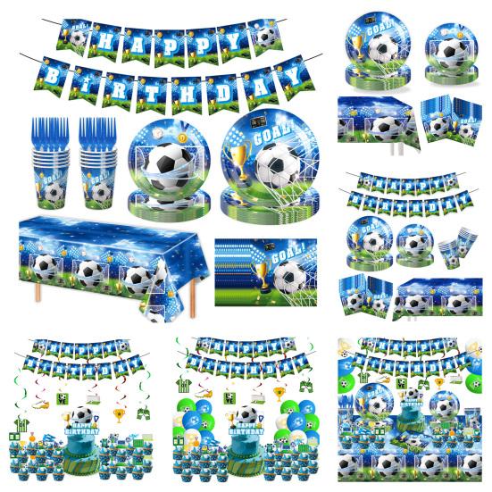 Futbol Doğum Günü Partisi Süslemeleri Seti Futbol Parti Malzemeleri Tabaklar Peçeteler Bardaklar Balonlar Afiş Masa Örtüsü ile Futbol Temalı Doğum Günü Partisi Paketi