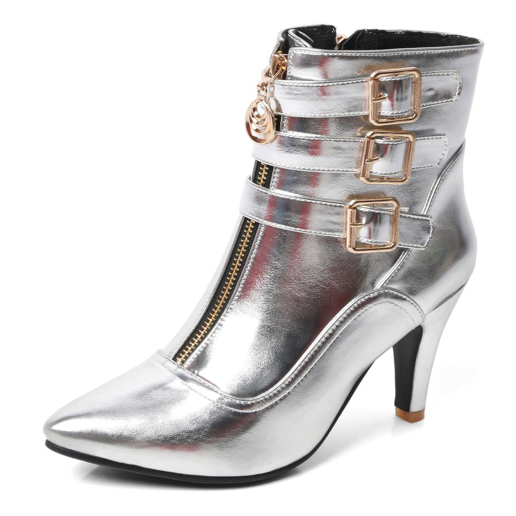 FOREADA Women Ankle Boots Pointed Toe Kitten High Heels Buckle Zipper Short Boots Ladies Fashion Shoes Autumn Winter