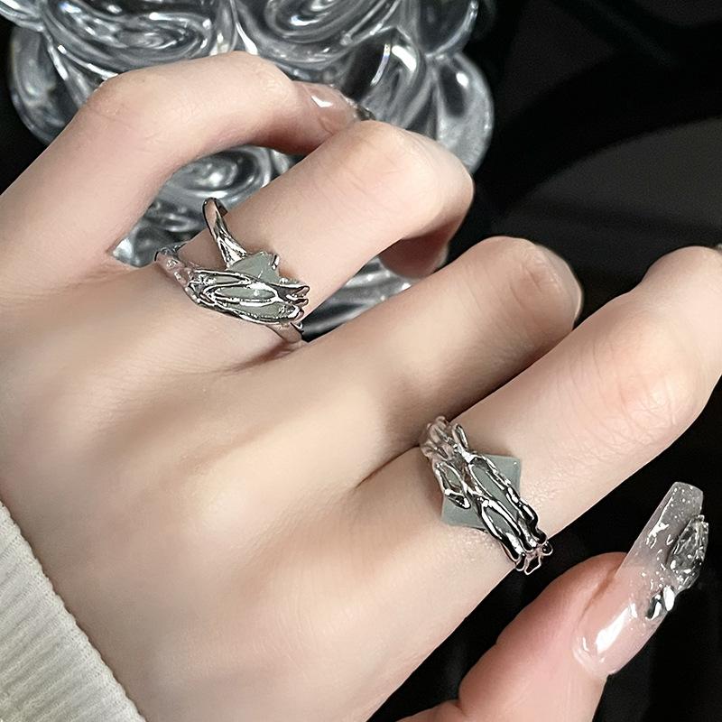 Niche Design Sweet Cool Green Jade High Sense Dark Wind French Style Open Ring Female