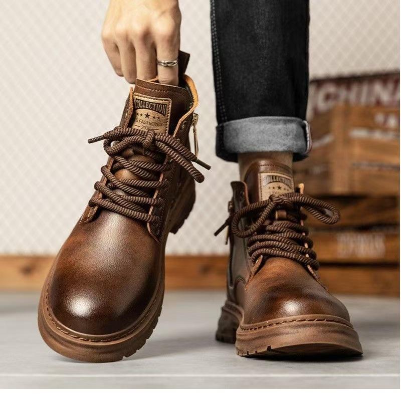 Martin Boots Men's Autumn and Winter High-top Breathable Casual Shoes Trendy Versatile Retro Leather Shoes British Style Tooling Short Boots Men