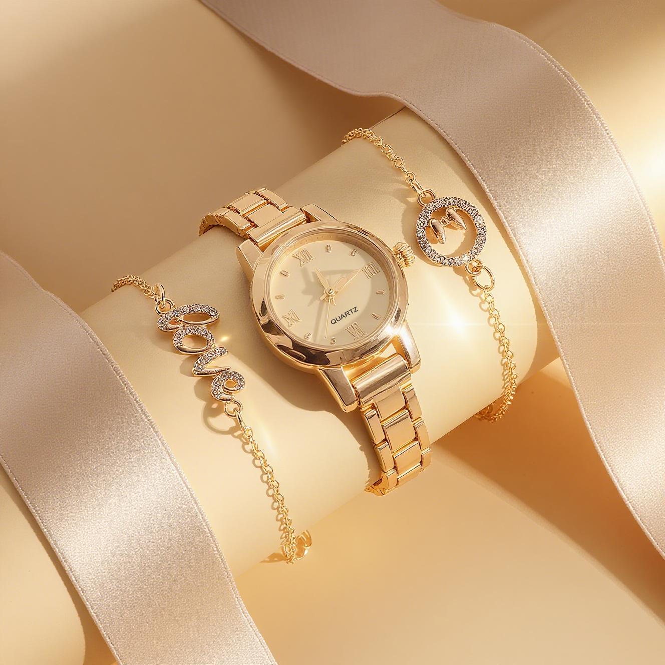 Fashionable and compact round dial alloy strap women s quartz watch set with diamond bracelet 3 pieces for festive gifts золотой