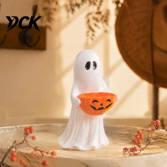 Halloween Table Decorations Resin Ghost Statue with Pumpkin Candy Bowl for Decor, Detailed Tabletop Figures Cute Desktop Organizer Living Room Bedroom