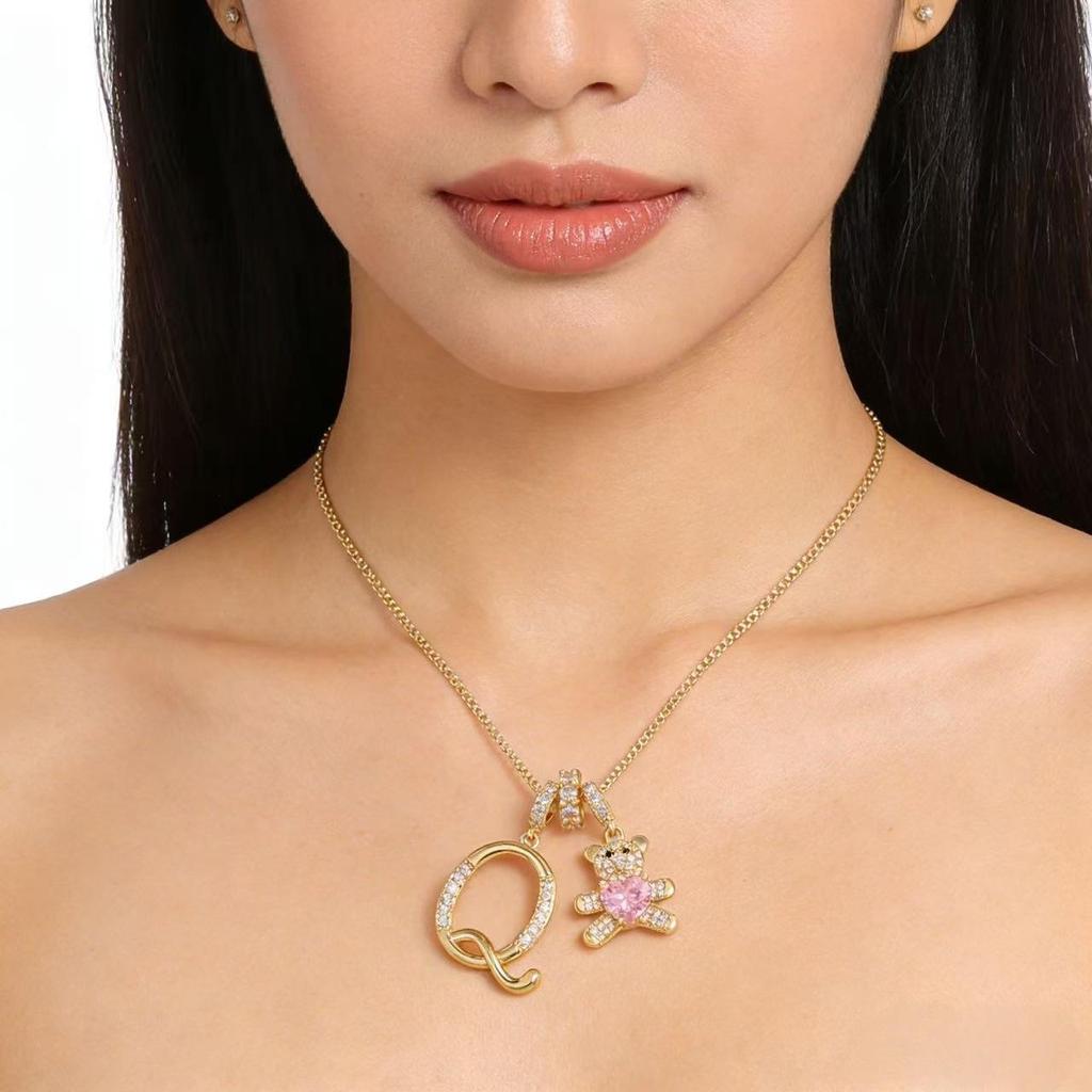 Luxurious Teddy Bear Pendant Necklace with Diamond Inlaid 26 English Letters Charm - European and American Fashion Style