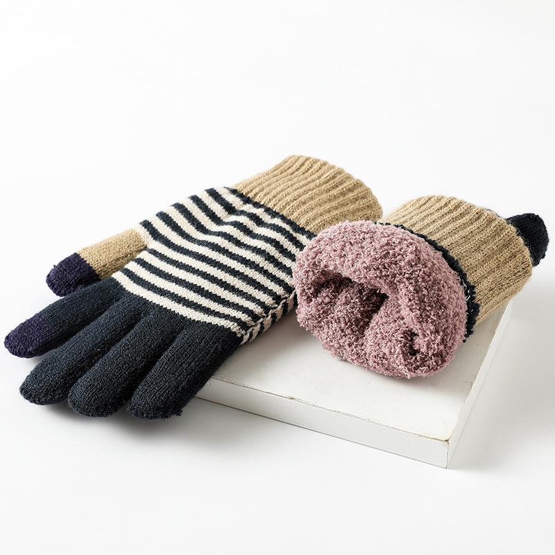 Striped Women Winter Keep Warm Knitted Thicken Ouch Screen Soft Gloves