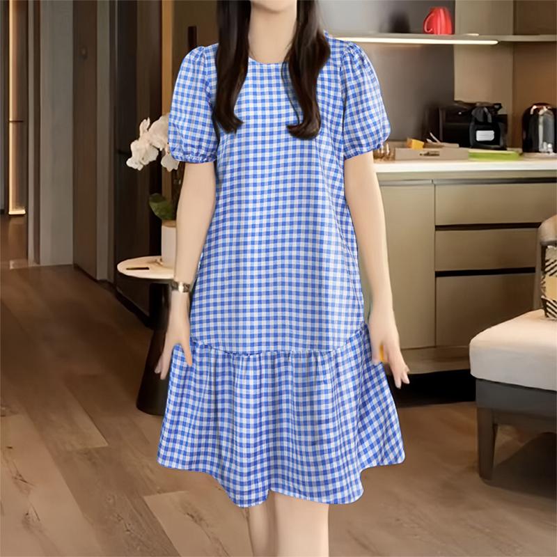 ZANZEA Women Casual Round Neck Short Sleeve Grid Print Dress
