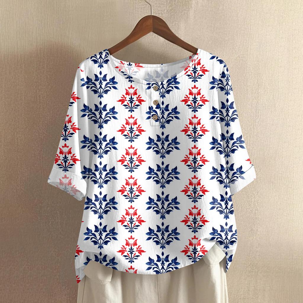 Women's Fashionable And Casual Shirt Half-sleeve Round Neck Print Cotton And Linen Blouse Top