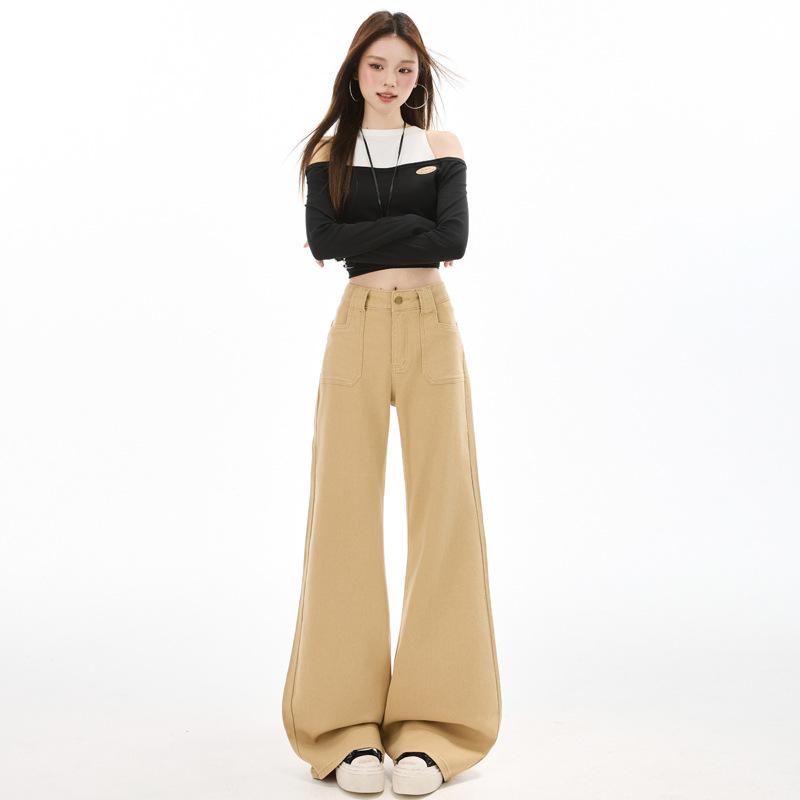 

Women s High-Waist Khaki Micro-Flare Jeans - Slimming, Loose Fit, Floor-Length for Spring/Autumn. Large