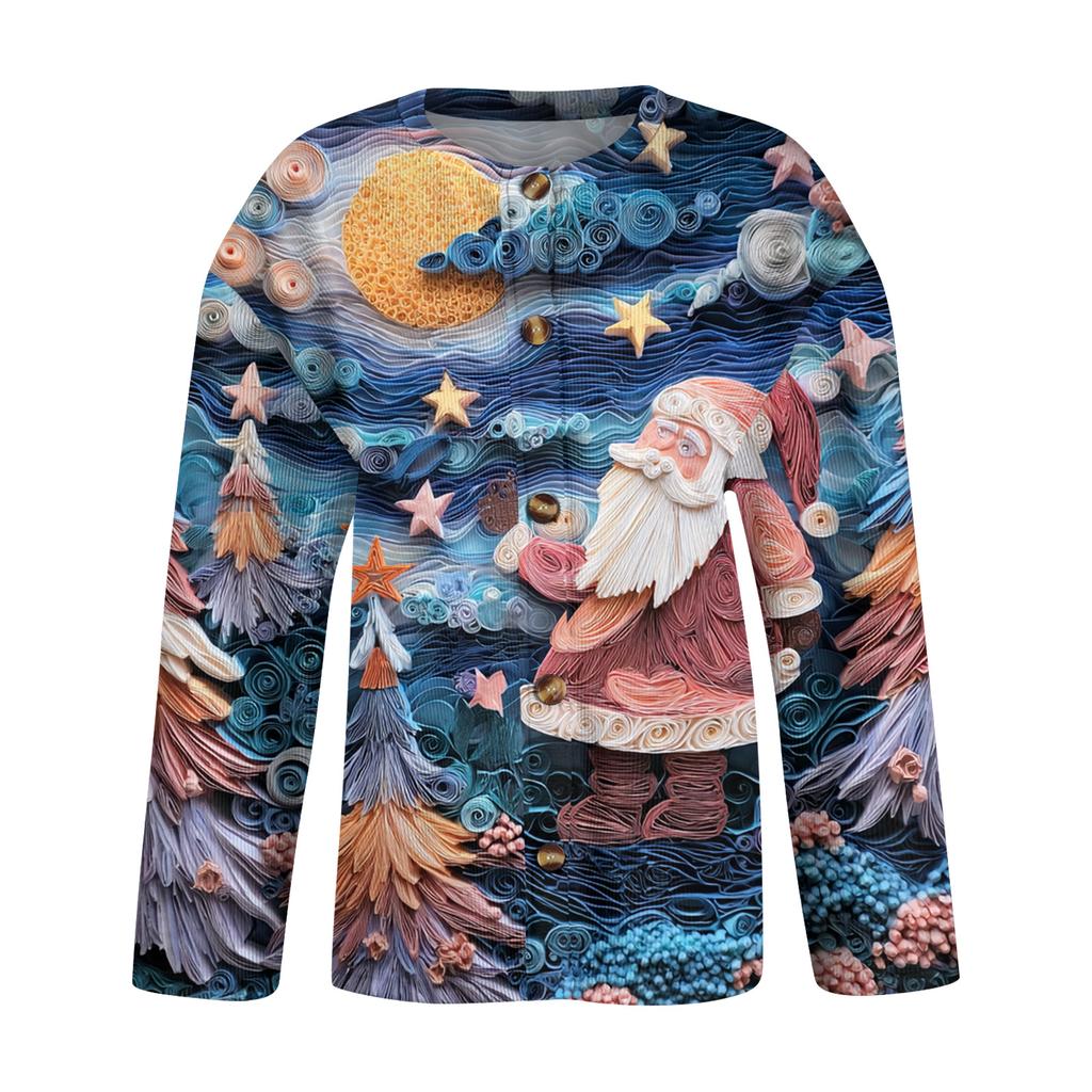 Women's Fashion Christmas Printed Long Sleeve Knitted Cardigan Button Down Jacket