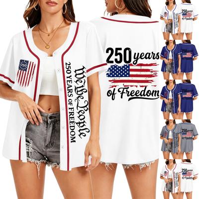 Unisex Baseball Jersey Shirt 250 Years of Freedom Print Button Down Short Sleeve Patriotic Sportswear Top for Adults
