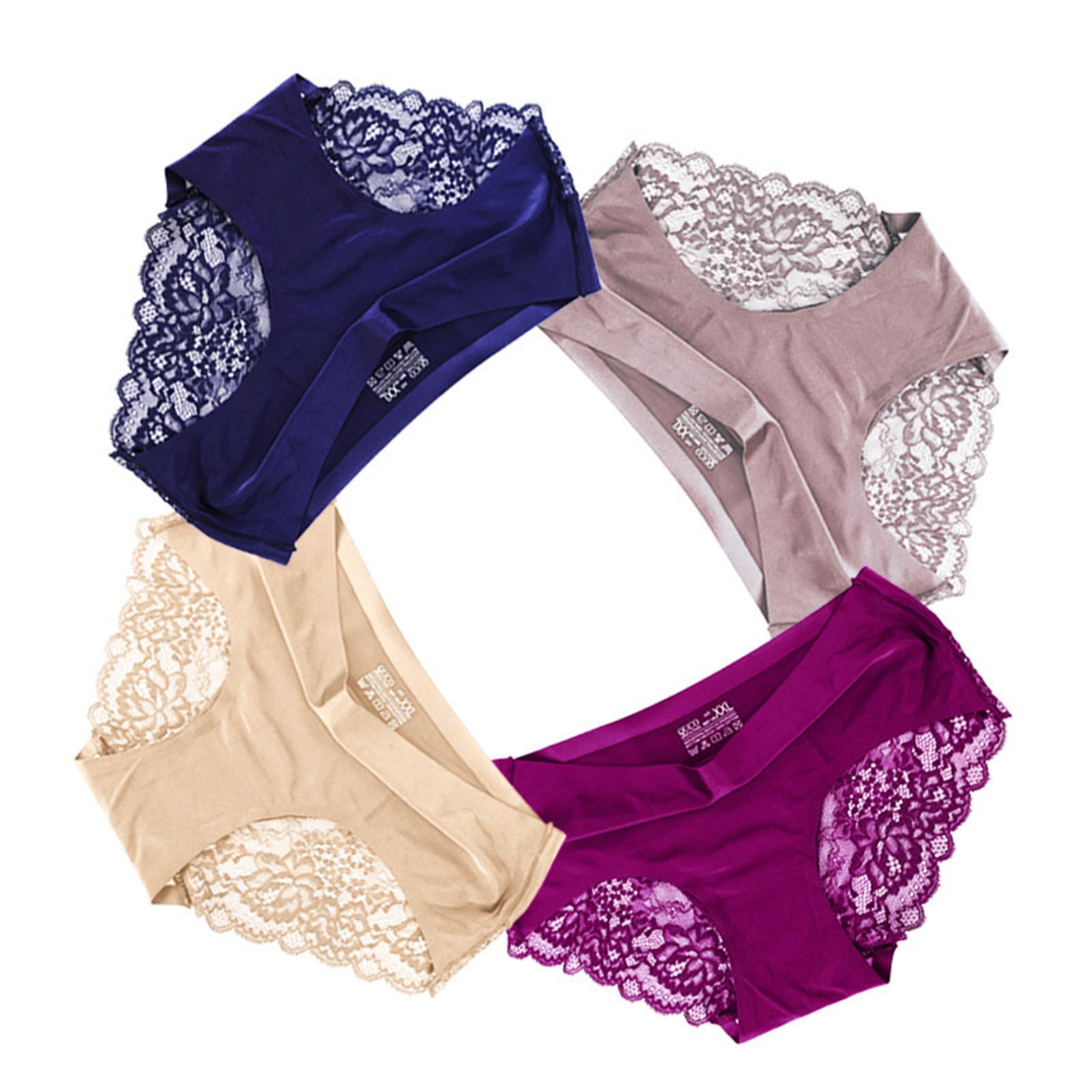 

4 Pack Women s Lace Panties Mid Waist Breathable Nylon Briefs Purple Nude Blue Coffee S