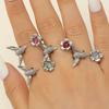 Hummingbird & Flower Open Ring Collection, Gold/Silver Tone Adjustable Gemstone Bird Rings for Women