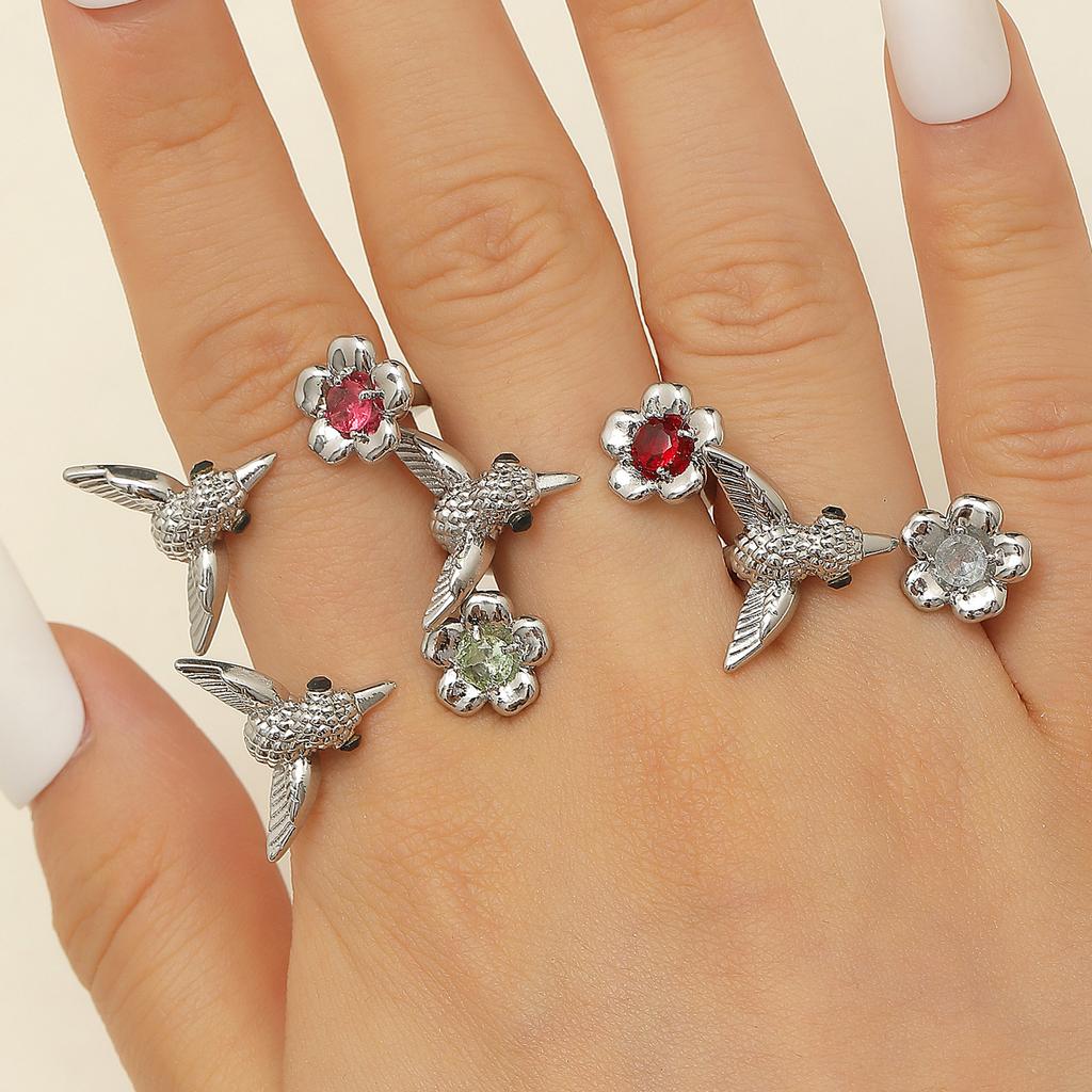 Hummingbird & Flower Open Ring Collection, Gold/Silver Tone Adjustable Gemstone Bird Rings for Women
