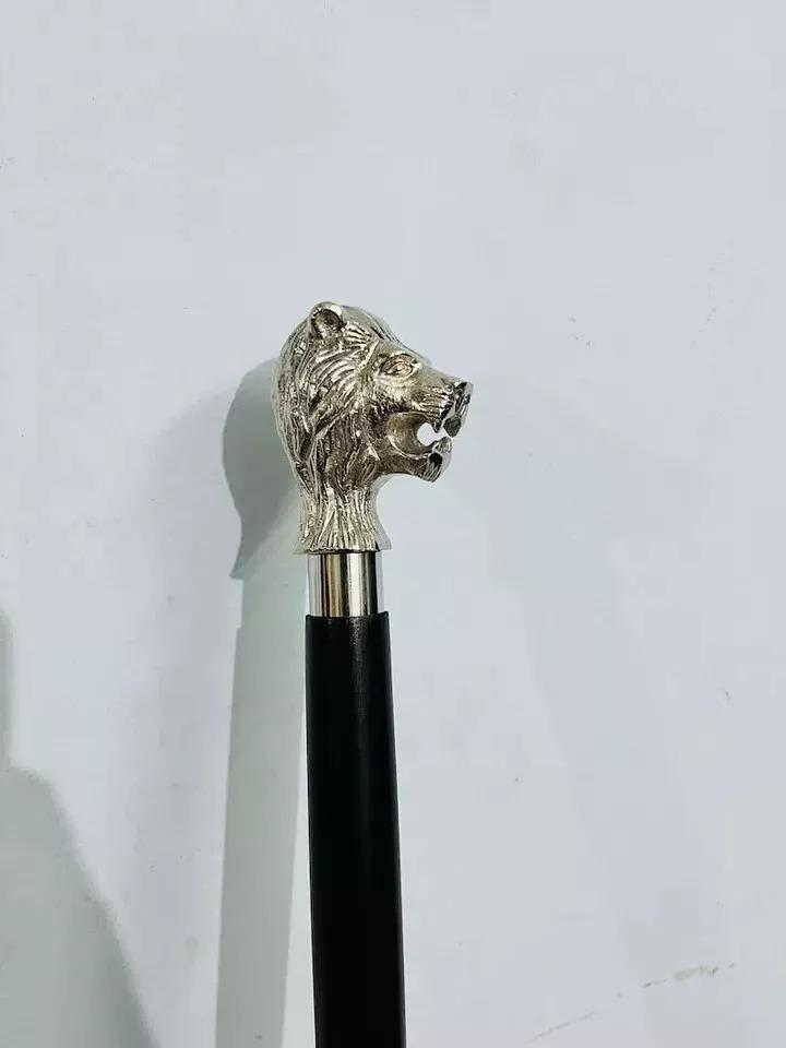 Sterling Silver Walking Wooden Stick Lion Head Handle Vintage Look Best Gift