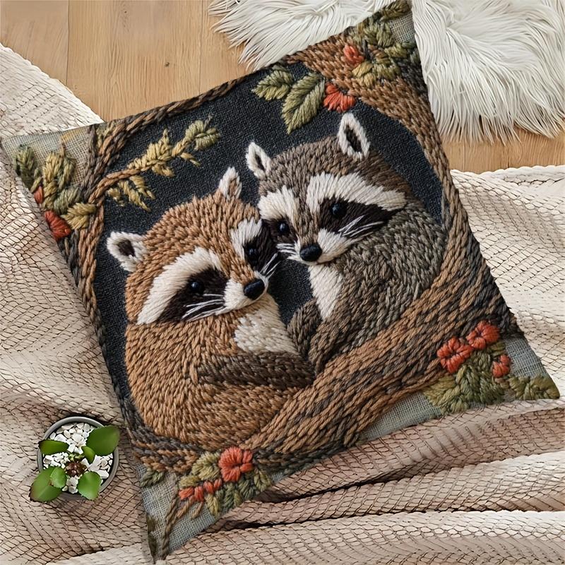 Raccoon Embroidery Cushion Covers Chair Living Room Pillowcase Cozy Zipper Sofa Pillow Covers Animal Bedroom Indoor Home Decor