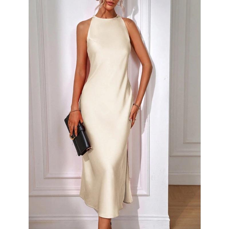 Vestido Longo Feminino de Gola Alta Sem Mangas Slim Fit com Fenda Lateral Vestido de Festa à Noite