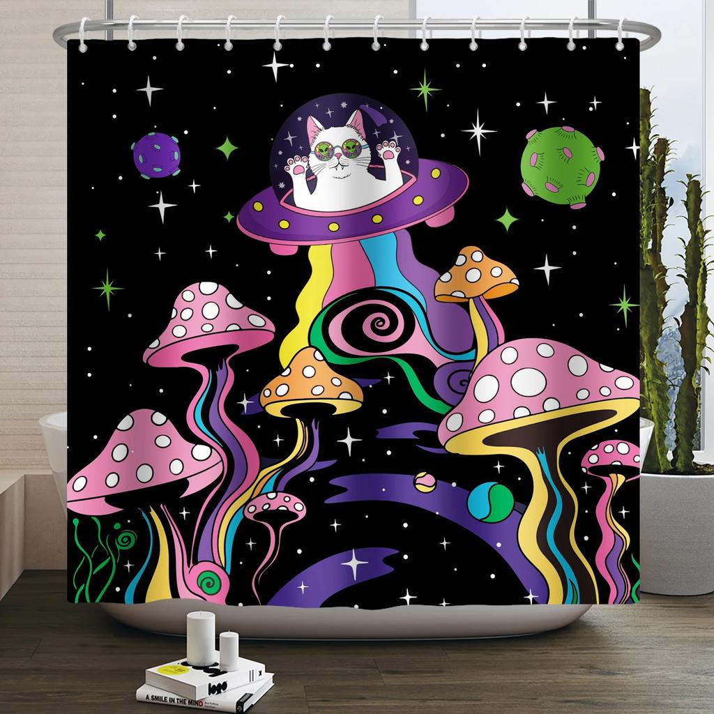 70s Retro Rainbow Shower Curtain Hippy Funky Cartoon Mushroom Floral Bathroom Curtain Polyester Waterproof Fabric Bathtub Screen