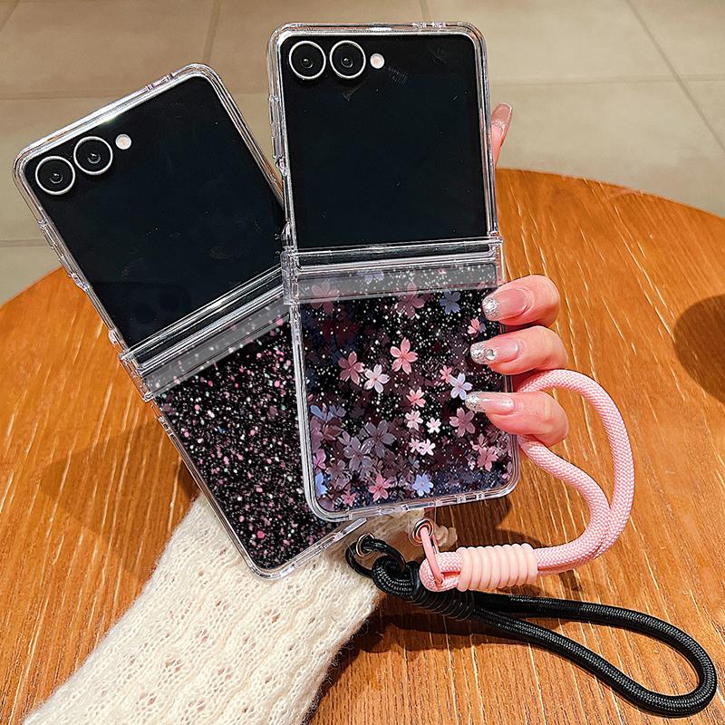 Cherry Blossom Lanyard Phone Case For Samsung Galaxy Z Flip 7 FE 6 5 4 3 5G Folding Hard Clear Cover For Samsung Z Flip7 Flip6