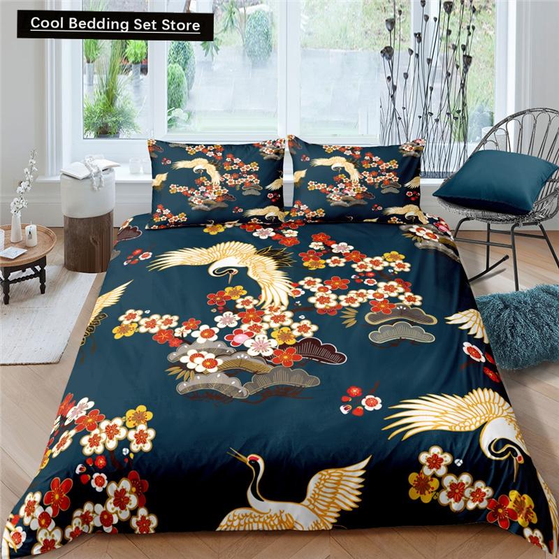 Kranich Gedrucktes Bettwäscheset 3D Rote Japanische Kirschblüten Bettbezug King Queen Größe Floral Wolke 2/3tlg. Polyester Steppdeckenbezug