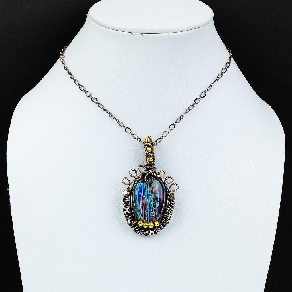 Rainbow Calcilica Gemstone Pure Copper Wire Wrapped Handmade Pendant Jewelry