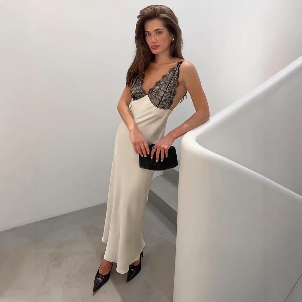 Summer new French lace splicing satin dress women's high-end sense slim temperament suspender skirt