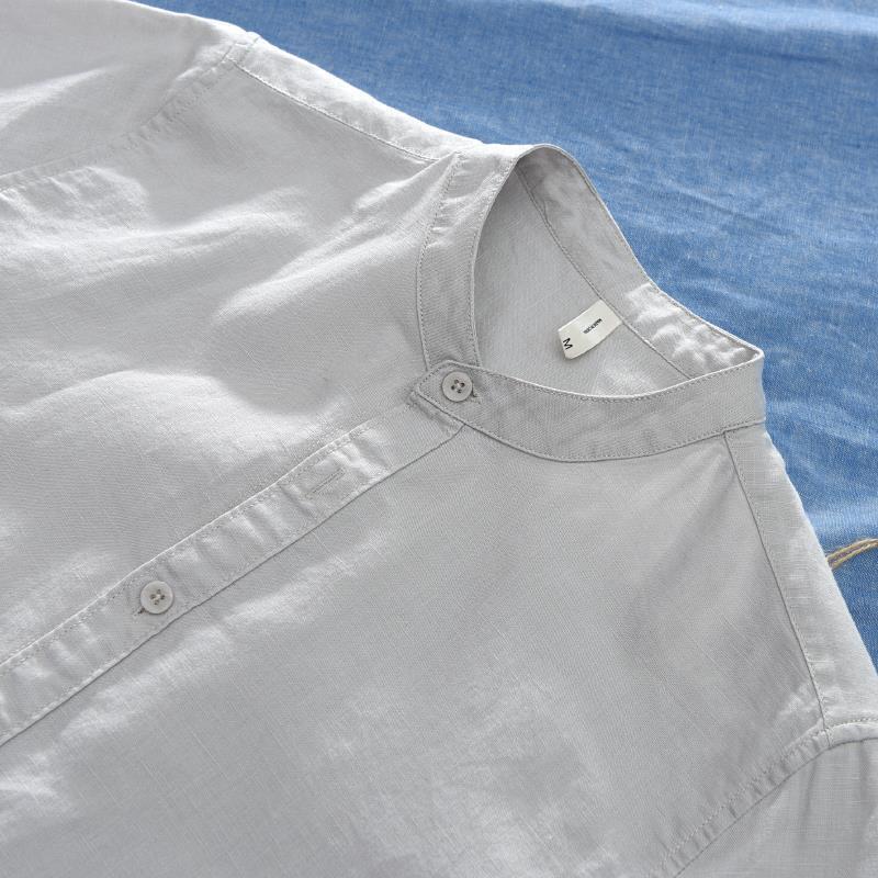 Men's Short Sleeve Stand Collar White Linen Shirt - Lightweight, Breathable, Casual, and Fresh.