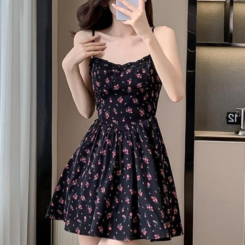 Beautiful Girl Black Floral Print Mini Dress Thin Strap Ruffle A Line Dress High-waist Slim Casual White Short Dress Summer Casual Beach Party Dress