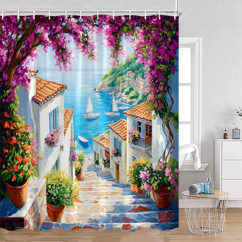 Greek Mediterranean Shower Curtain Purple Flowers Blue Door Window White Architecture Nature Landscape Bathroom Curtains Decor
