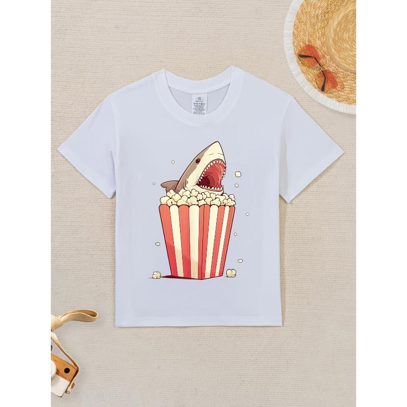 European Sizes Boys' Funny Great White Shark Eating Popcorn Graphic T-Shirt - Movie Night Theme Casual Short Sleeve Round Neck Tee with Cartoon Design