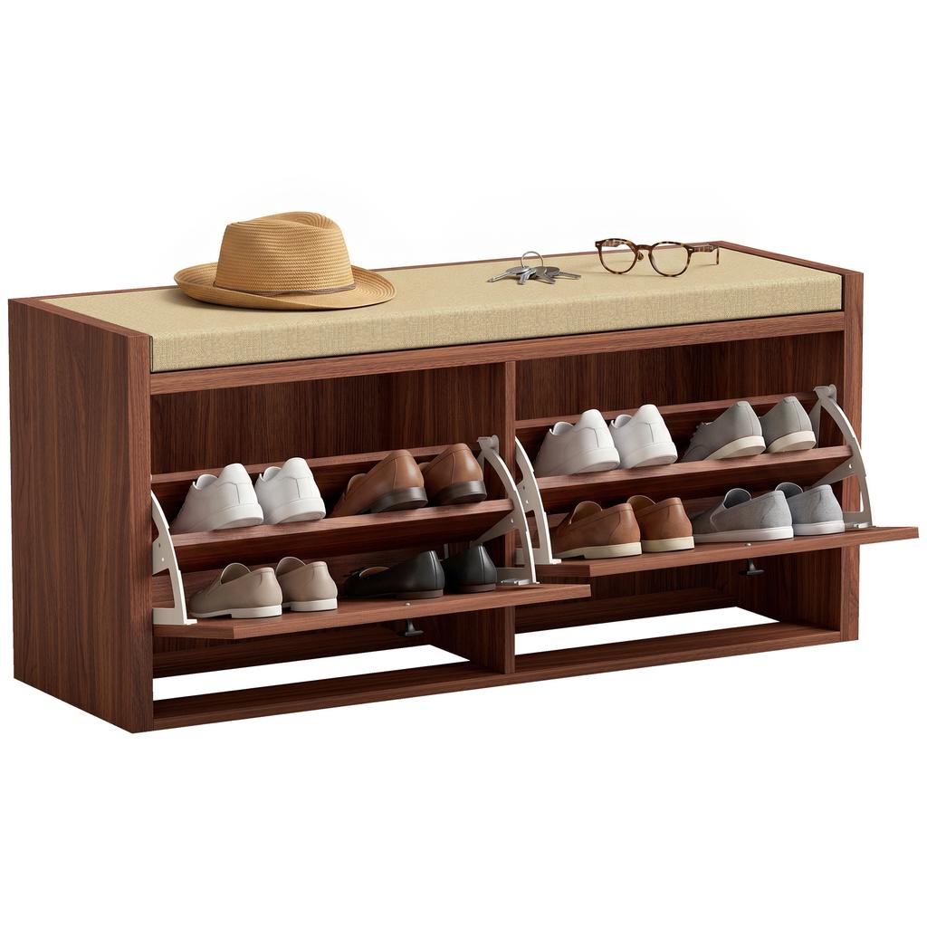 Rattan Shoe Bench With Padded Cushion And 2 Cabinets For Hidden Storage Brown