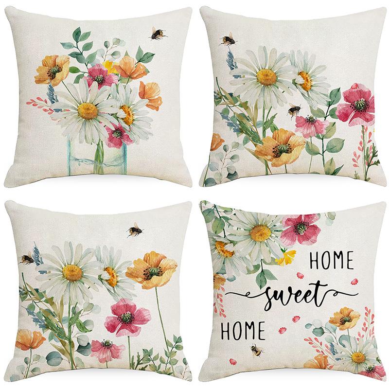 

Daisy Flower Pillow Spring and Summer Plant Flowers Polyester Flax Pillow Pillow Sofa Cushion Cover 45 * 45Cm without pillow core